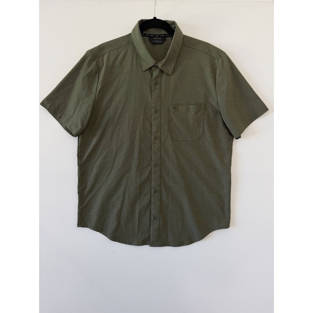 KUIU Shirt Mens Large Green Solid Short Sleeve Button Up Stretch Outdoor Casual